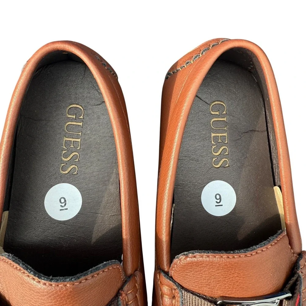 Guess Men's Brown Driver Loafers Size 9M Slip On Moc Toe PU Leather Bit Logo